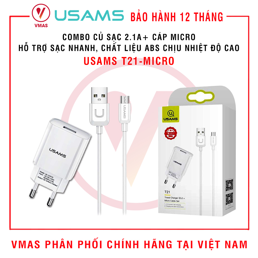 Bộ combo củ-cáp USAMS T21 2.1A kèm Cáp Micro, hàng chính hãng