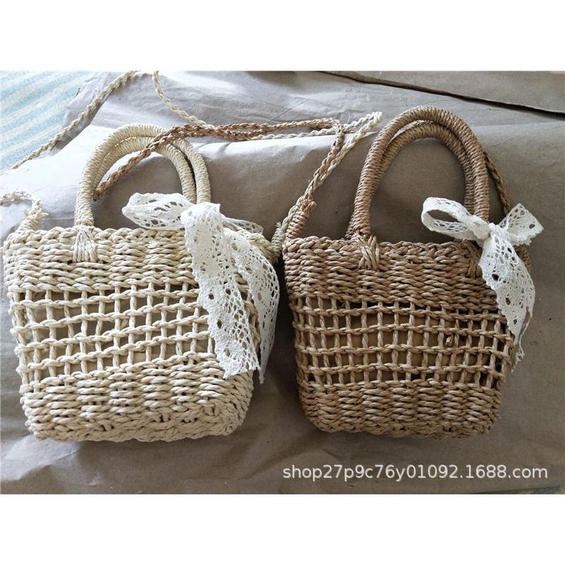 Túi cói đan mini đeo chéo siêu xinh đính nơ ren dùng đi biển chụp hình ngoại cảnh phong cách vintage- Smice House