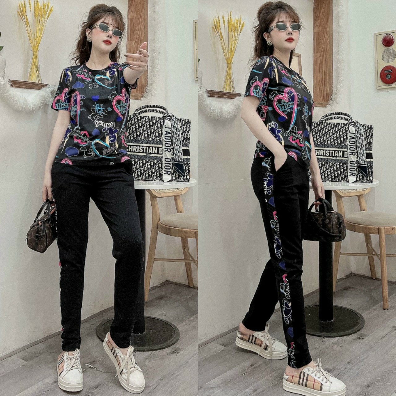 Bộ thun cotton lạnh họa tiết in 3D Tim kí tự