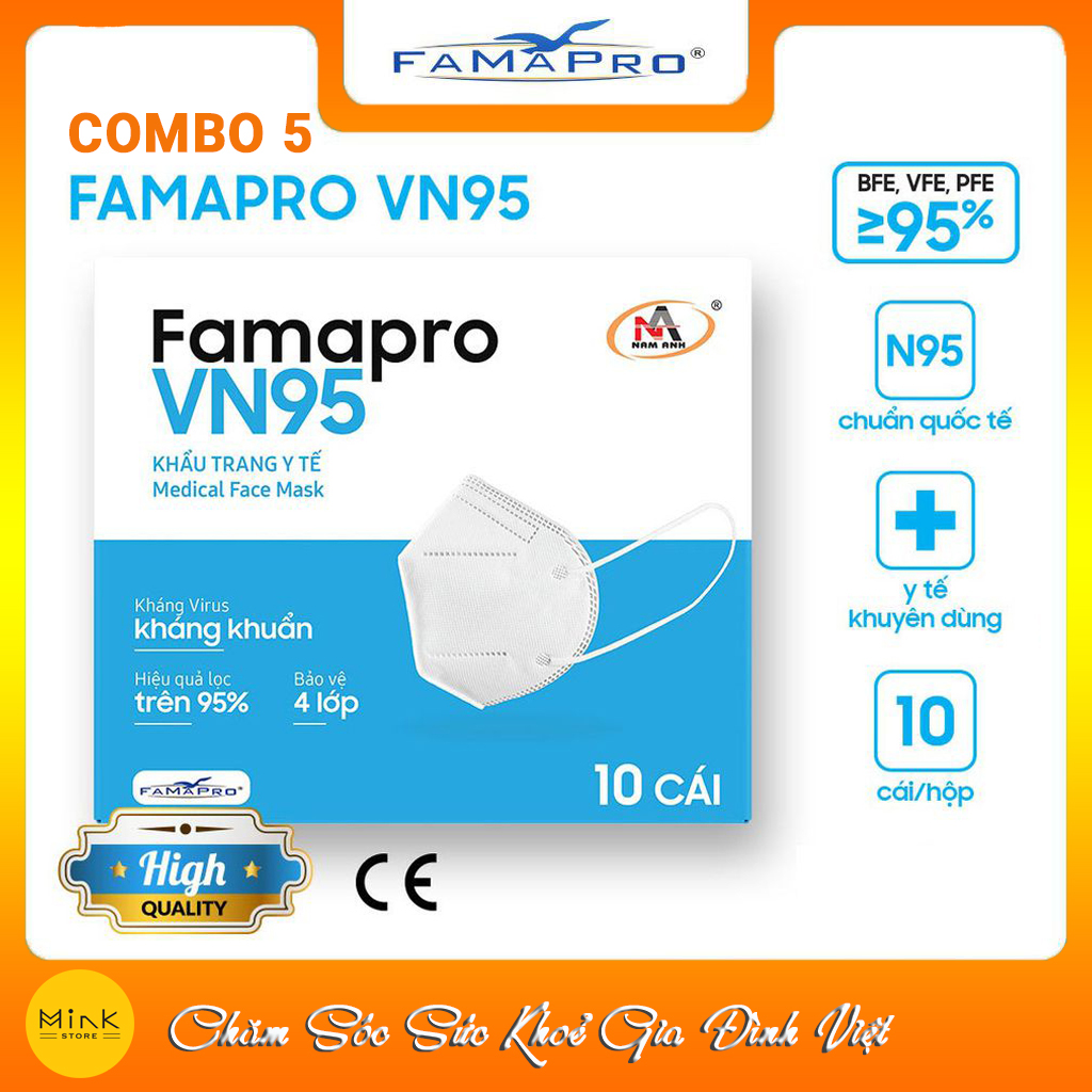 [HỘP - FAMAPRO VN95] - Khẩu trang y tế kháng khuẩn 4 lớp Famapro VN95 đạt chuẩn N95 (10 cái/ hộp) - COMBO 5 HỘP