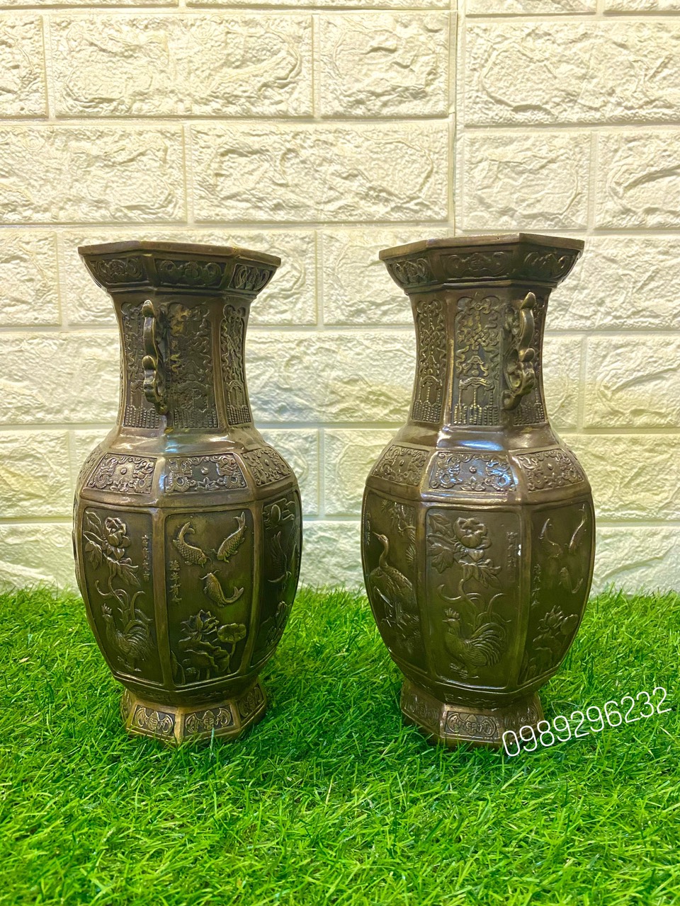 Đôi Lọ Bình Hoa bát diện bằng đồng giả cổ - Lọ Hoa đồng phong thủy