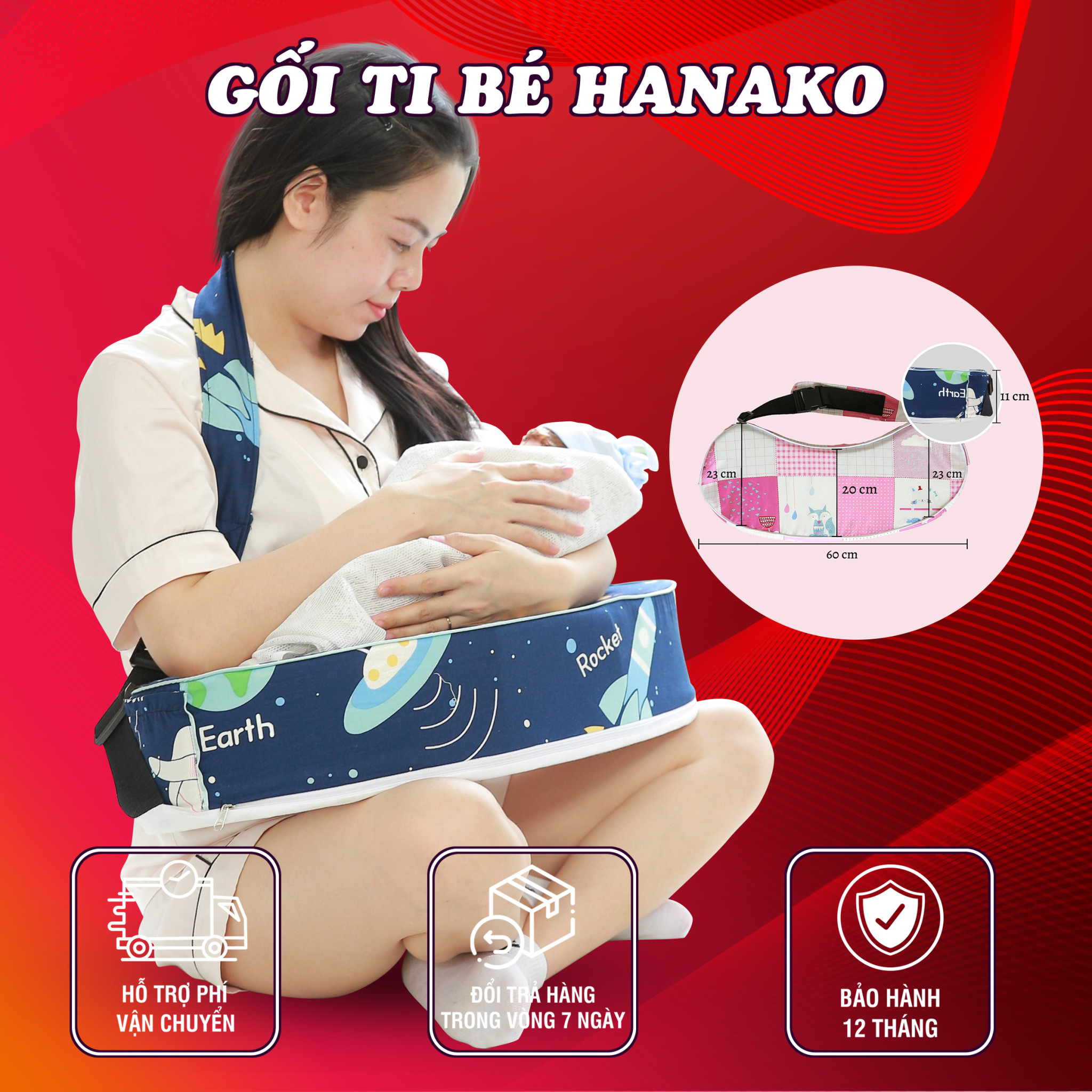 Gối ti bé chuyên dụng HANAKO hỗ trợ chống đau mỏi vai, tay và lưng cho mẹ bầu - Màu dễ thương, hàng y hình