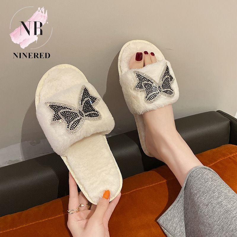 Dép Lông Chống Trượt Đính Đá Nơ Xinh Xắn Đi Trong Nhà Ra Đường NineRed Homewear - D138