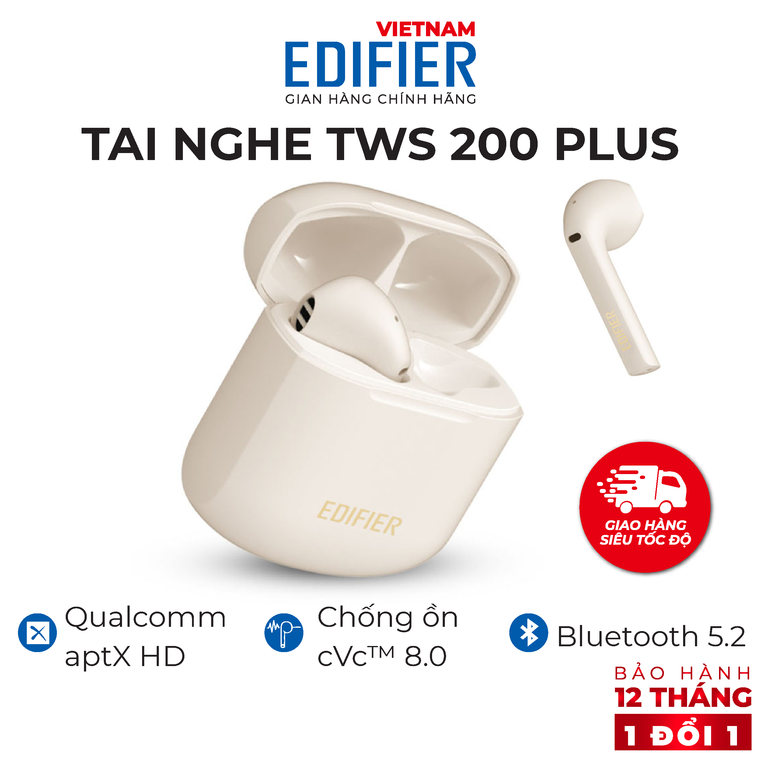 Tai nghe Bluetooth 5.0 EDIFIER TWS200 Plus Bản quốc tế mới nhất Thời gian hoạt động 24 giờ Chống ồn CVC 8.0 Chip APTX - Hàng phân phối chính hãng