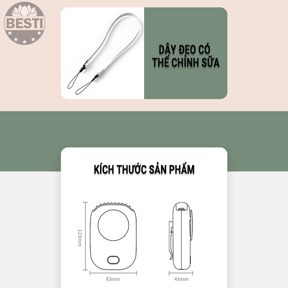 Quạt Mini Tích Điện Đeo Cổ Thời Trang Besti Y01, 3 Tốc Độ Gió Siêu Mát, Chạy Siêu Êm, Dung Lượng Pin 2000mAh, Phù Hợp Khi Chạy Bộ, Đi Du Lịch , Văn Phòng, Đi Chơi- Hàng Chính Hãng