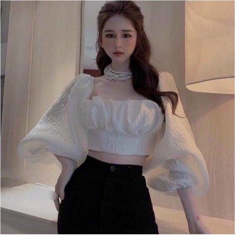 áo croptop tay phồng trễ vai cổ vuông trắng Thời Trang Hàn Quốc Cho Nữ 3 màu