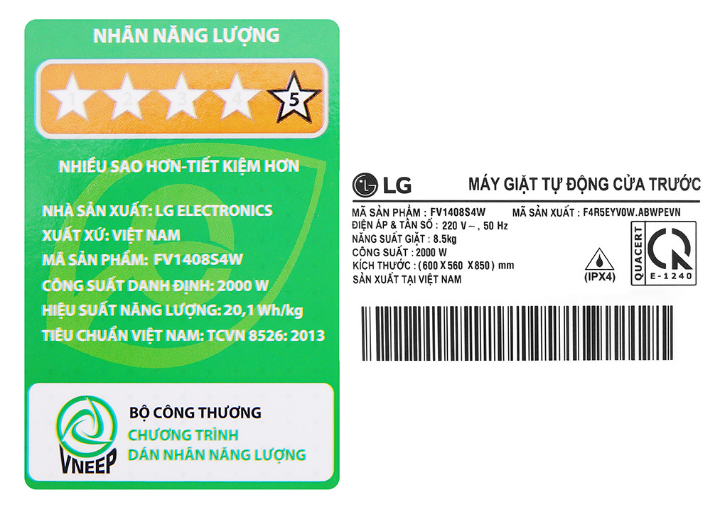 Máy giặt cửa trước inverter LG 8.5kg FV1408S4W - Hàng chính hãng (chỉ giao HCM)