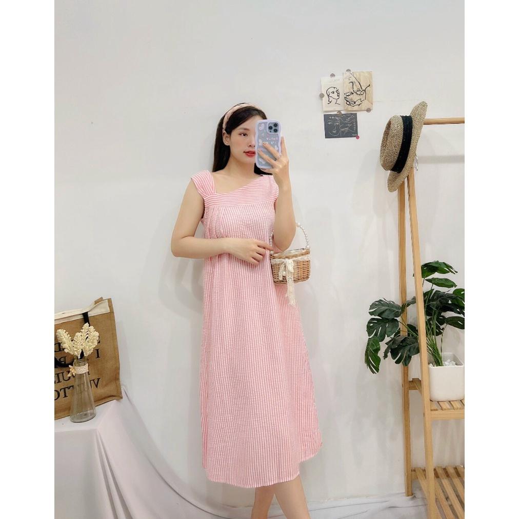 Đầm caro chéo vai, Váy caro lệch vai màu hồng Cao Cấp xẻ tà dáng suông sát nách, nữ tính quyến rũ - MiNhi