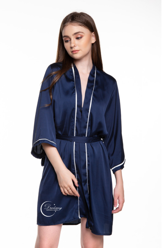 Dreamy-CL02-41-FS-Áo Choàng  Ngủ Lụa Cao Cấp, Áo Choàng Ngủ Nữ, Áo Choàng Gợi Cảm, Áo Choàng Ngủ Phối Viền trắng Màu xanh đen