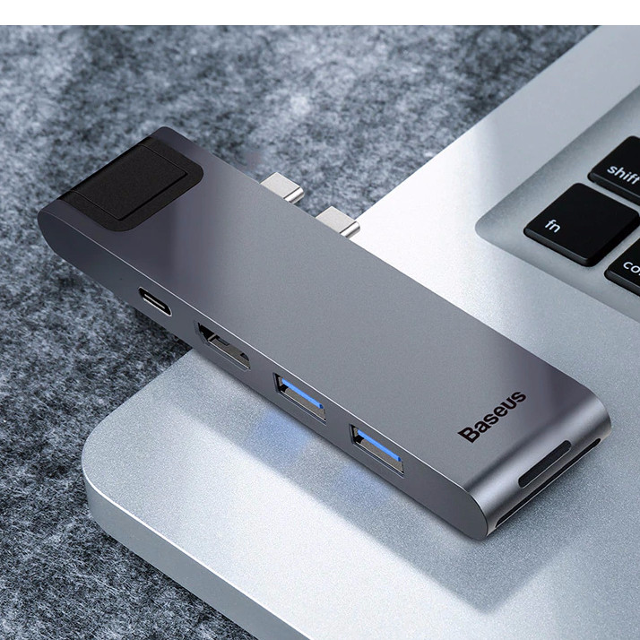 Bộ HUB chia cổng sạc 7 in 1 hiệu Baseus Thunderbolt Dual Type-C cho Macbook Pro mở rộng cổng sạc nhanh, 2 cổng USB 3.0, SD, Micro SD, HDMI, Cổng mạng LAN  - Hàng chính hãng