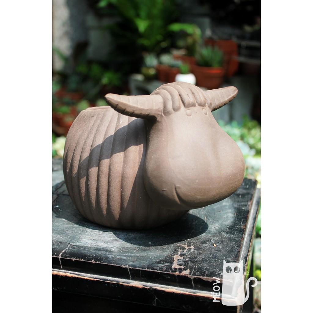 Chậu đất nung Trâu tròn đen | Chậu trồng cây, sen đá, xương rồng