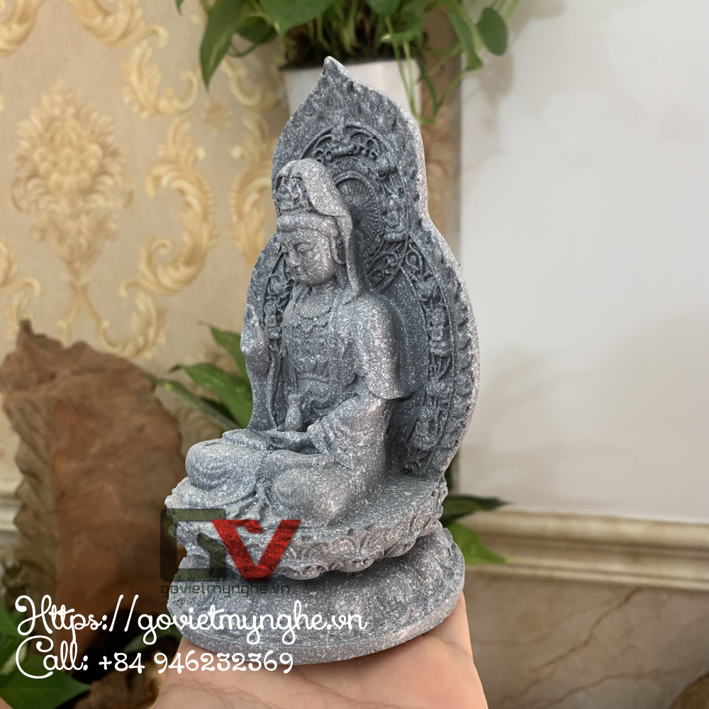 Tượng đá Quan Thế Âm Bồ Tát ngồi đài sen + chữ "Phật" - Chiều cao 15cm - Màu xám