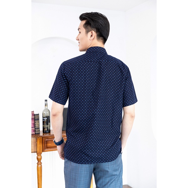 Áo Sơ Mi Nam Công Sở Trung Niên Ngắn Tay Xanh Tím Than Vải Cotton Họa Tiết Hoa Nhí thương hiệu Anton – 809