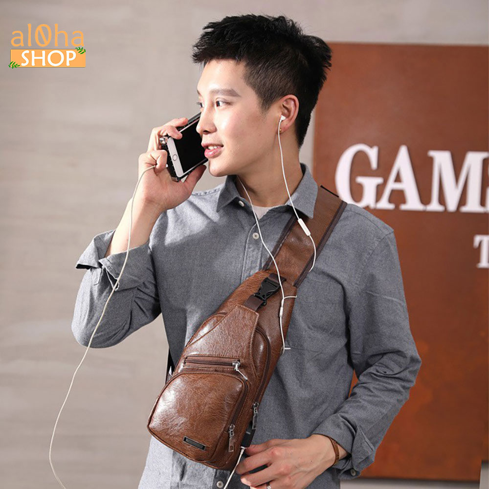 Túi đeo chéo tích hợp dây sạc USB da cao cấp, 4 ngăn unisex nam nữ chống nước - al0ha Shop