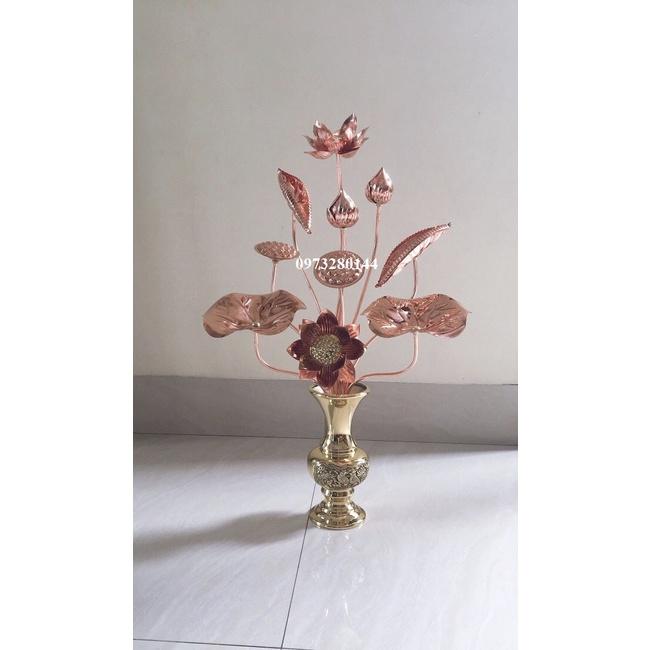 Combo 1 lọ hoa bằng đồng cao 25cm + 1 bó sen đồng đỏ 10 cành