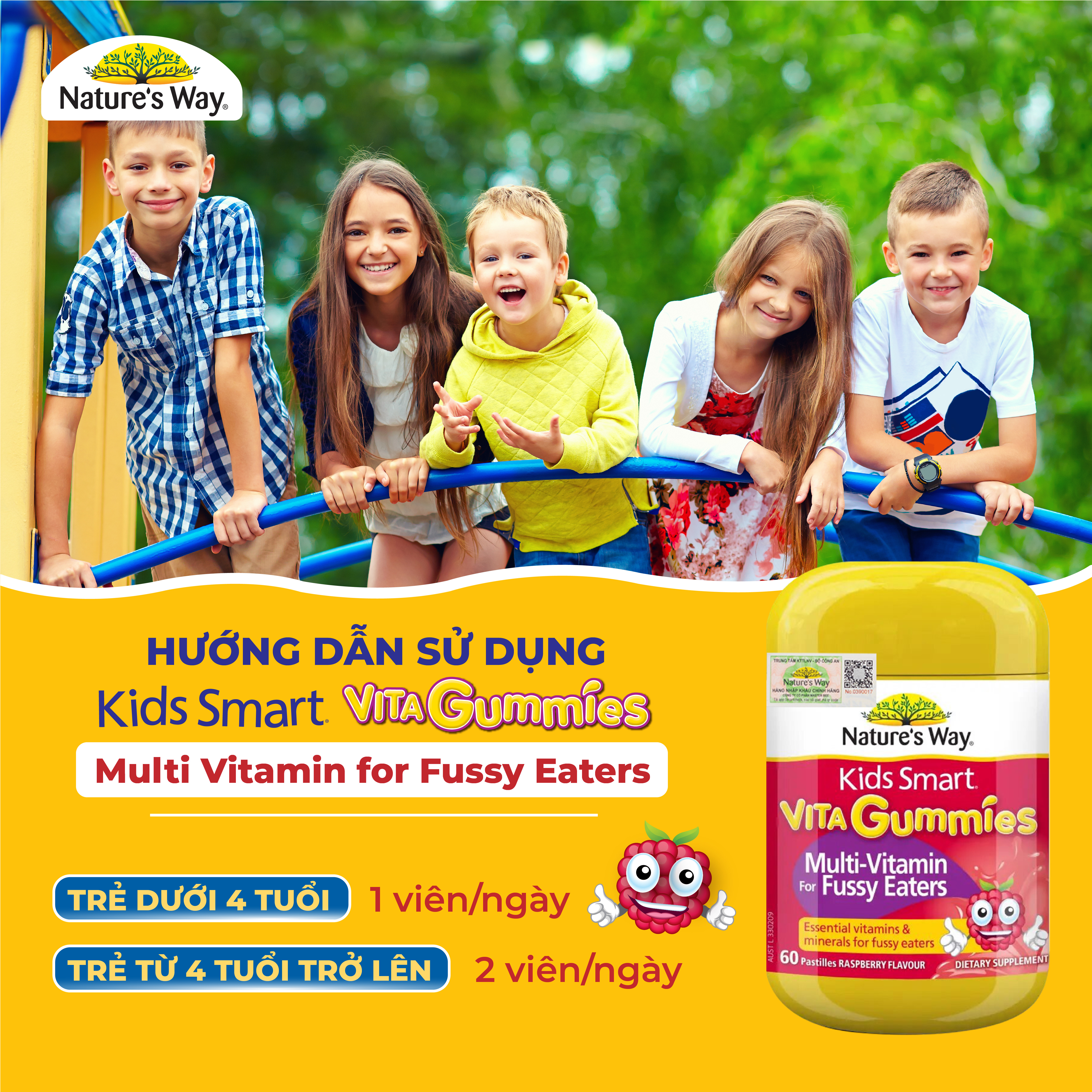 Kẹo Dẻo Vi Chất Cho Bé Nature's Way Kids Smart Vita Gummies Multi Vitamin for Fussy Eaters Kích Thích Ăn Ngon 60 Viên