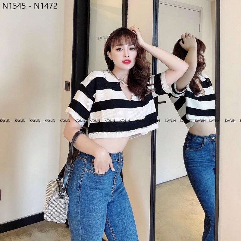 Áo len mongtoghi croptop kẻ ngang cổ đức xẻ V