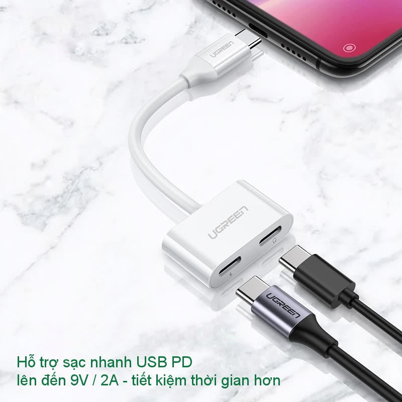 Bộ chuyển đổi giắc cắm tai nghe USB C sang 2 cổng USB C hãng UGREEN 60165 màu ghi xám - Hàng nhập khẩu chính hãng