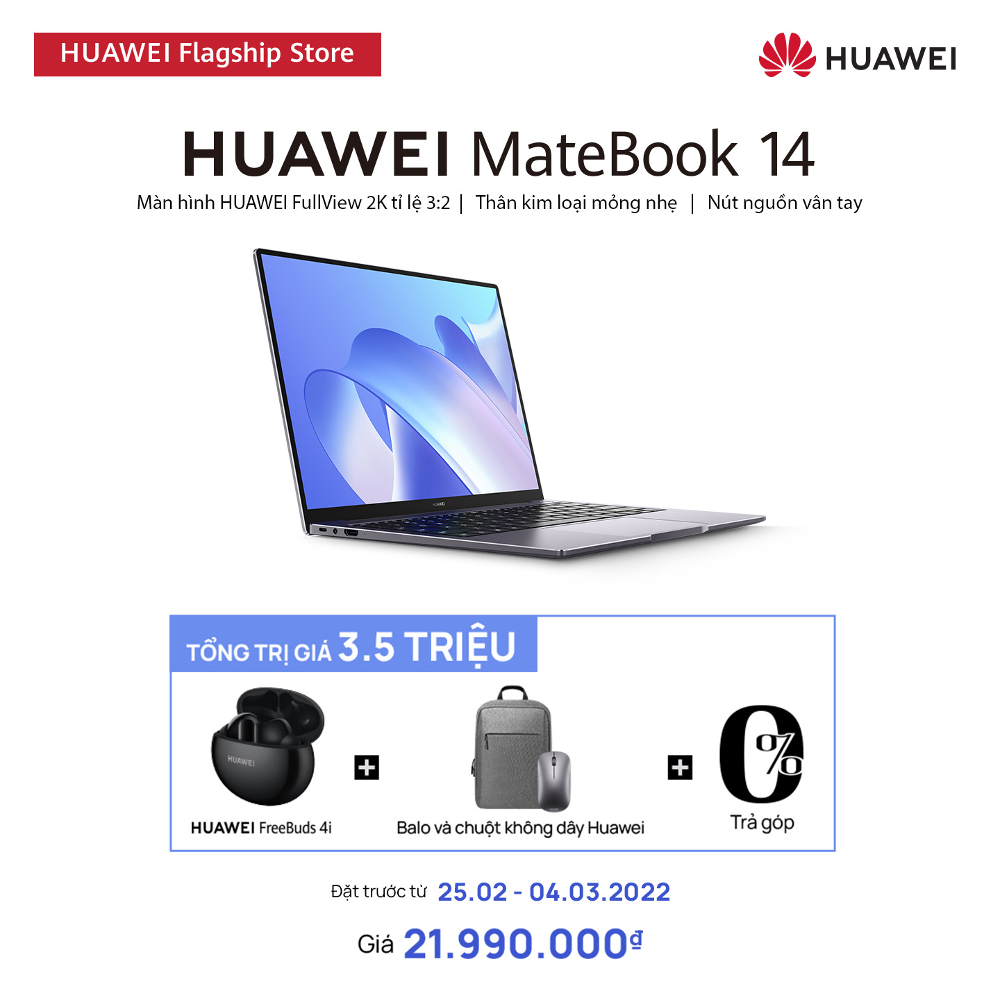 Máy Tính Xách Tay HUAWEI MateBook 14 (8GB/512GB) | Intel Core Thế Hệ Thứ 11 | Màn Hình HUAWEI 3:2 Fullview 2k | Nút Nguồn Vân Tay | Hàng Chính Hãng