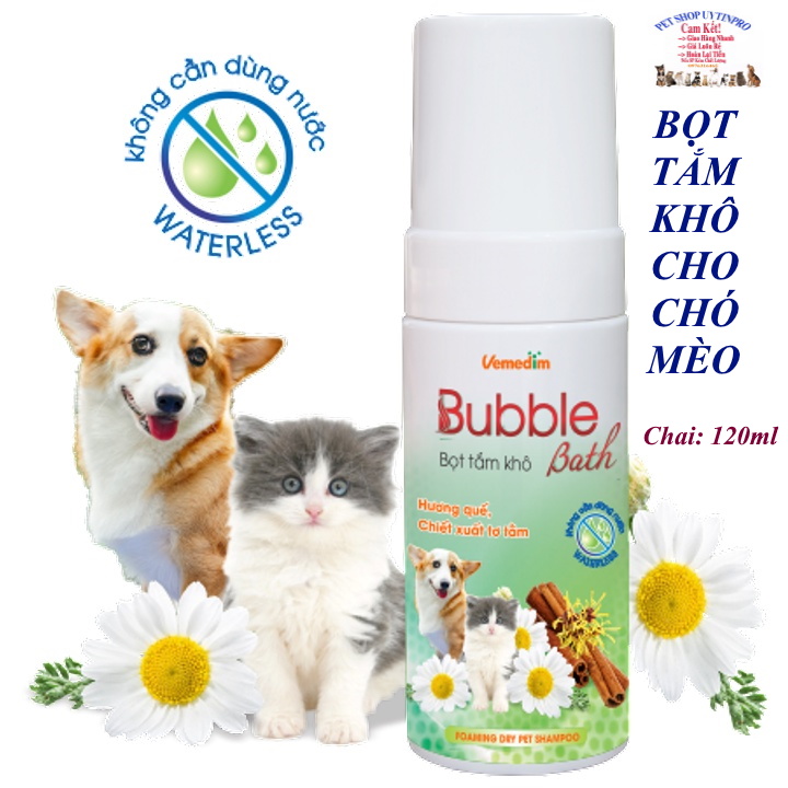 Bọt tắm khô cho Chó Mèo Vemedim Bubble Bath Chai 120ml Giúp khử mùi và làm sạch lông mà không cần dùng nước Sx tại VN