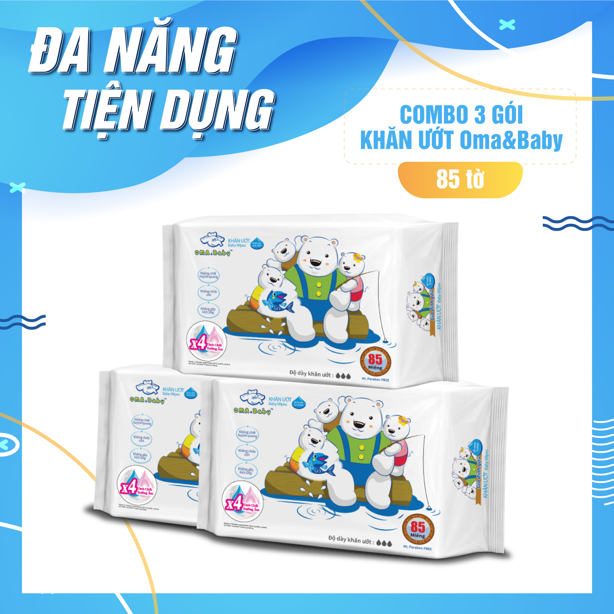 Combo 3 gói Khăn ướt làm sạch tinh khiết dành cho bé Oma&amp;Baby với công thức Chlorhexidine Digluconate kháng khuẩn an toàn, dịu nhẹ trong khăn ( 3 gói 85 tờ ) - Combo 3 packages of  Oma&amp;Baby premium baby wet wipes ( 85 sheets per package)