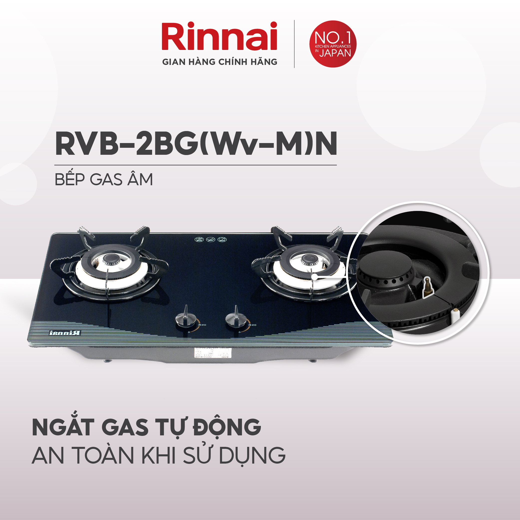 Bếp gas âm Rinnai RVB-2BG(Wv-M)N mặt bếp kính và kiềng bếp men - Hàng chính hãng.