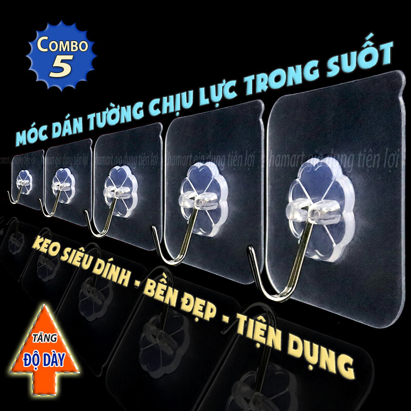COMBO 5 Móc Dán Tường Chịu Lực Bền Đẹp Móc Dính Tường Trong Suốt Siêu Chắc Tiện Lợi
