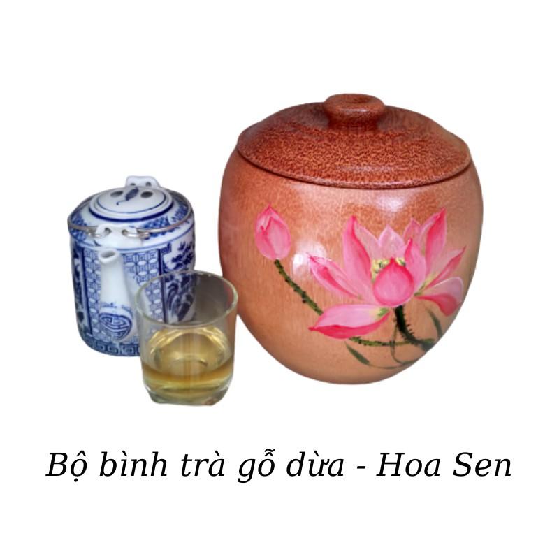 Bộ Bình Trà Gỗ Dừa Gọn Đẹp Hoa Văn &quot;Hoa Sen&quot; - Bình Trà 700 - 900ml