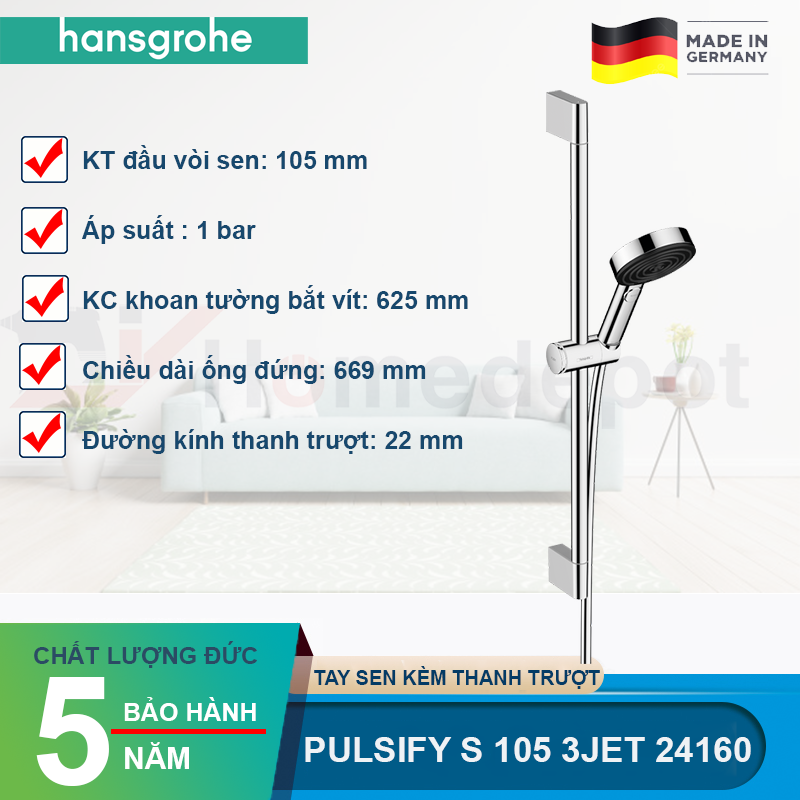 Tay sen kèm thanh trượt HANSGROHE Pulsify Select S 105 3jet 24160