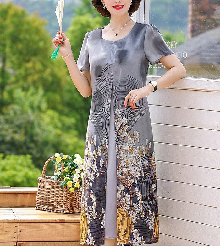 SHOPPRO - Đầm Suông Trung Niên Bigsize Kiểu Đầm Suông Dự Tiệc Trung Niên Xè Tà In Hoa Đính Nút - Thời Trang Trung Niên Nữ 3296