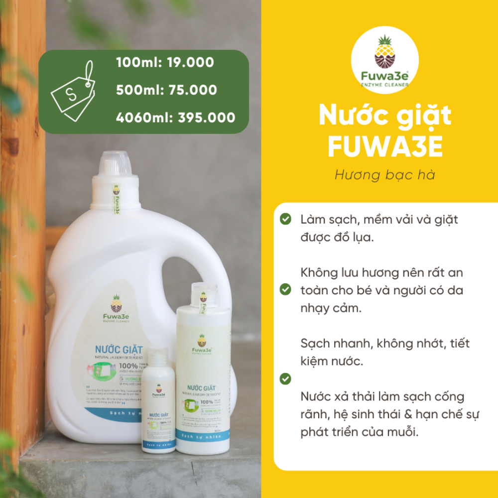 Nước giặt hữu cơ Fuwa3e chuyên giặt lụa hương bạc hà 4.06L an toàn cho bé