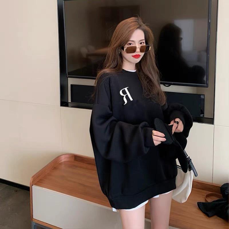 Áo hoodie nữ dài tay chất nỉ bông, áo Sweater nỉ nữ phom rộng in hình chữ R