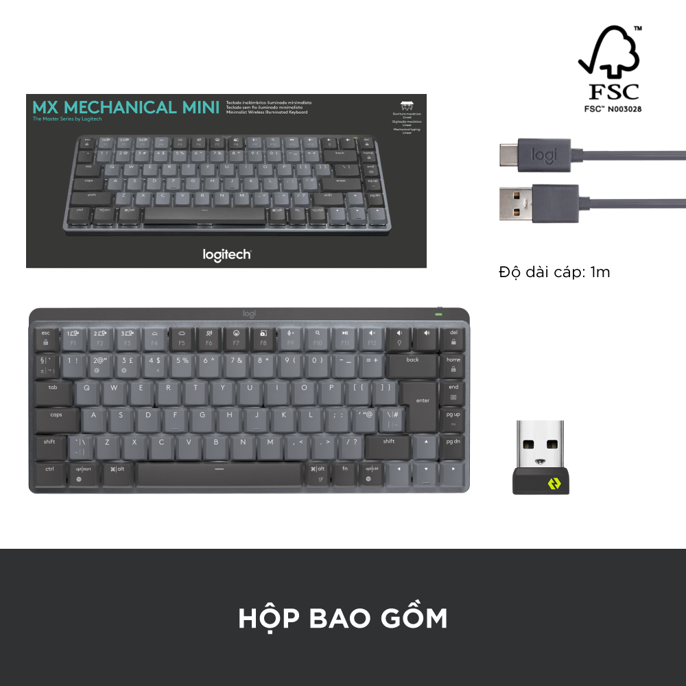 Bàn phím cơ không dây Logitech MX Mechanical Mini  – Tactile, chiếu sáng nền, sạc USB-C, mac OS | Win - Hàng chính hãng