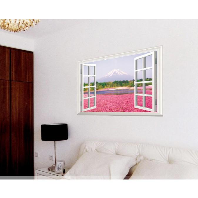 Decal trang trí tường Khung cửa sổ Núi lớn và cánh đồng Hoa Hồng