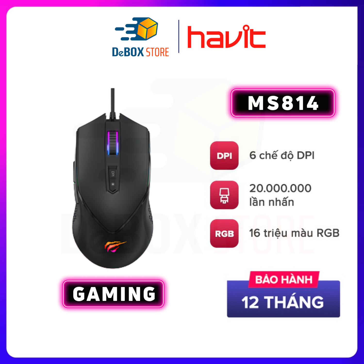 Chuột Gaming Có Dây HAVIT MS814 Thiết Kế Công Thái Học,  6 Chế Độ DPI, Tích Hợp 7 Nút Điều Chỉnh - Hàng Chính Hãng