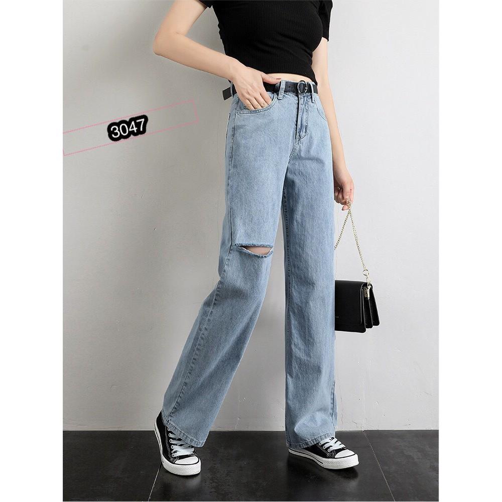 QUẦN JEAN DÀI ỐNG RỘNG LƯNG CAO RÁCH - QUẦN BÒ NỮ CULOTTES SUÔNG N - T 36