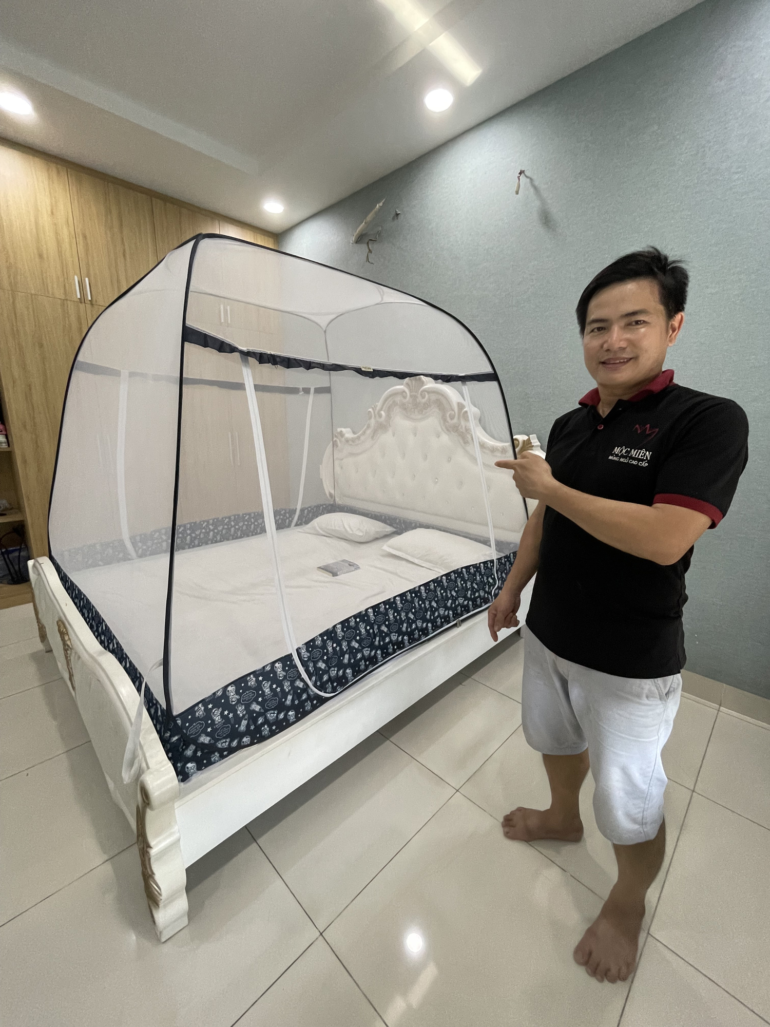 Mùng chụp tự bung Cao Cấp Mộc Miên- Đỉnh Rộng Viền Chân