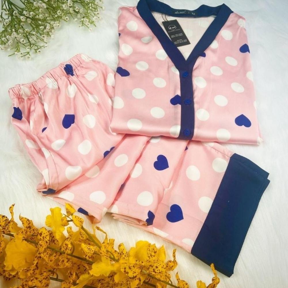 Đồ bộ pyjama nữ, đồ mặc nhà cao cấp VILADY - B103 kiểu cổ V tay dài quần dài họa tiết chấm Bi màu hồng, chất liệu lụa Pháp siêu mát