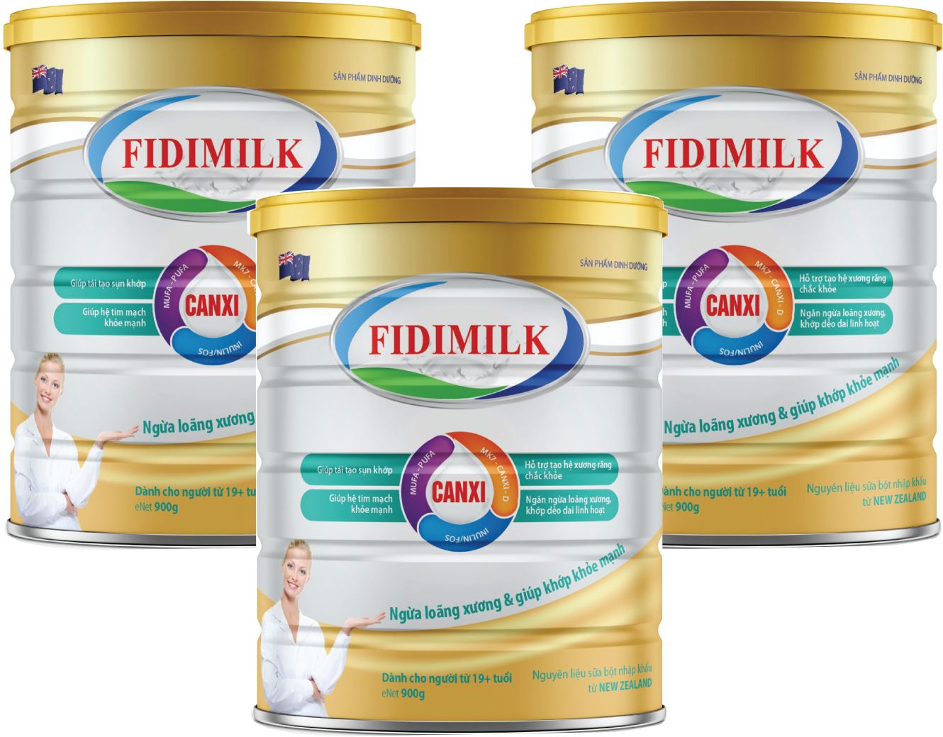 Bộ 3 lon Sữa bột FIDIMILK CANXI lon 900g - Sản phẩm ngăn ngừa loãng xương.