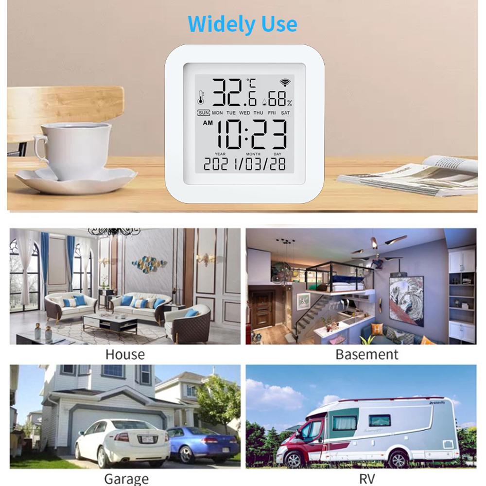 Tuya WiFi LCD Display Screen USB Power Supplys Intellgient Sensors ℉/℃ Switch Time/Date/Temperature/Humidity Display Home Intelligent Linkage Sensors Compatible with Alexa Google Home