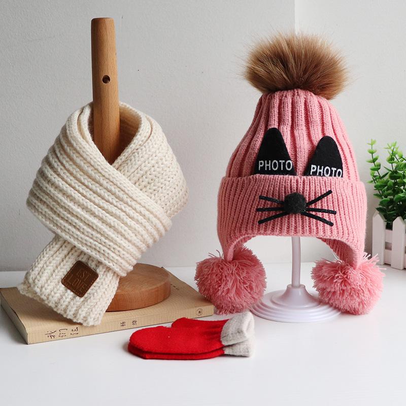 3 Bộ Trẻ Em Mũ Và Khăn Găng Tay Cho Mùa Thu Đông Bé Trai Và Bé Gái Đáng Yêu dệt Kim Dày Dặn Woollen Nón