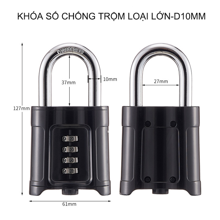 Khóa số chống trộm loại lớn với móc khóa thép cứng D10mm, vỏ hợp kim kẽm mạ không gỉ