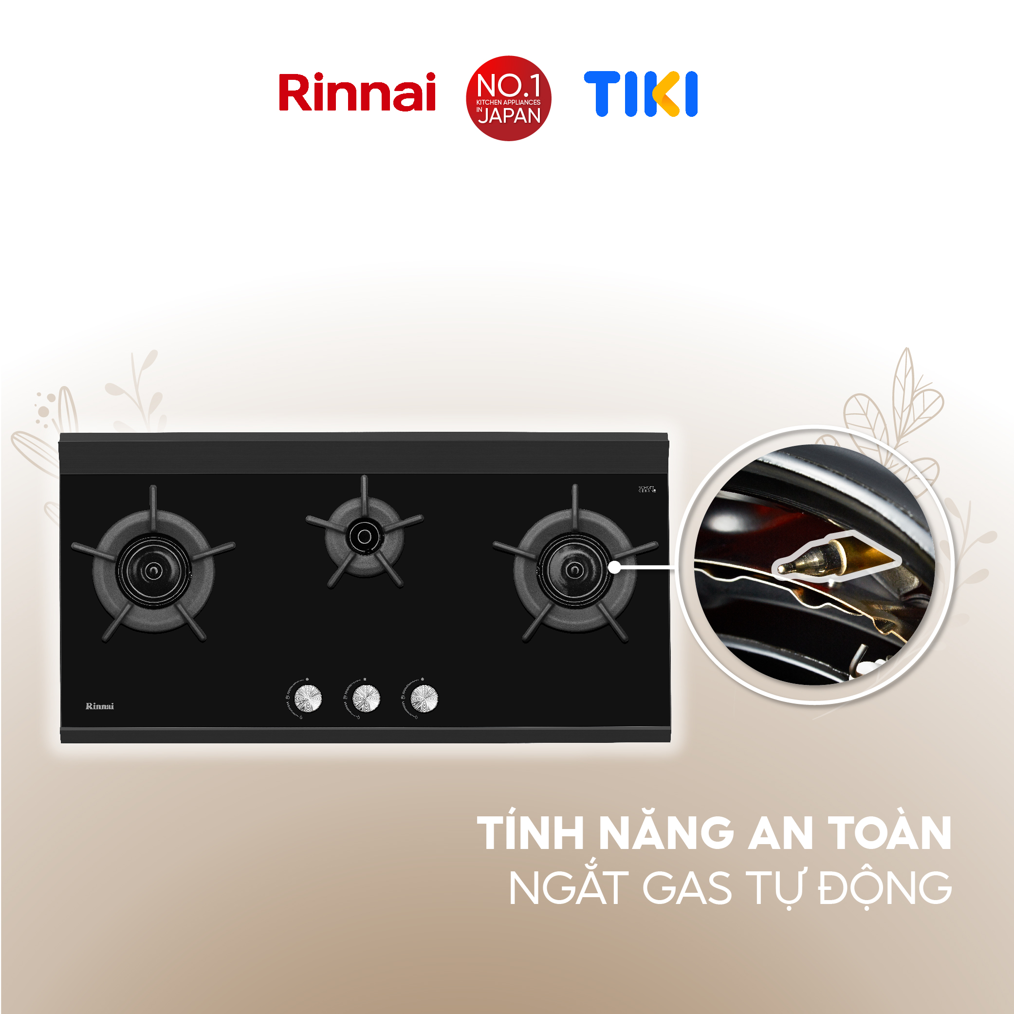 Bếp gas âm đầu đốt trong Rinnai RB-3VCGN mặt bếp kính SCHOTT và kiềng bếp gang - Hàng chính hãng.