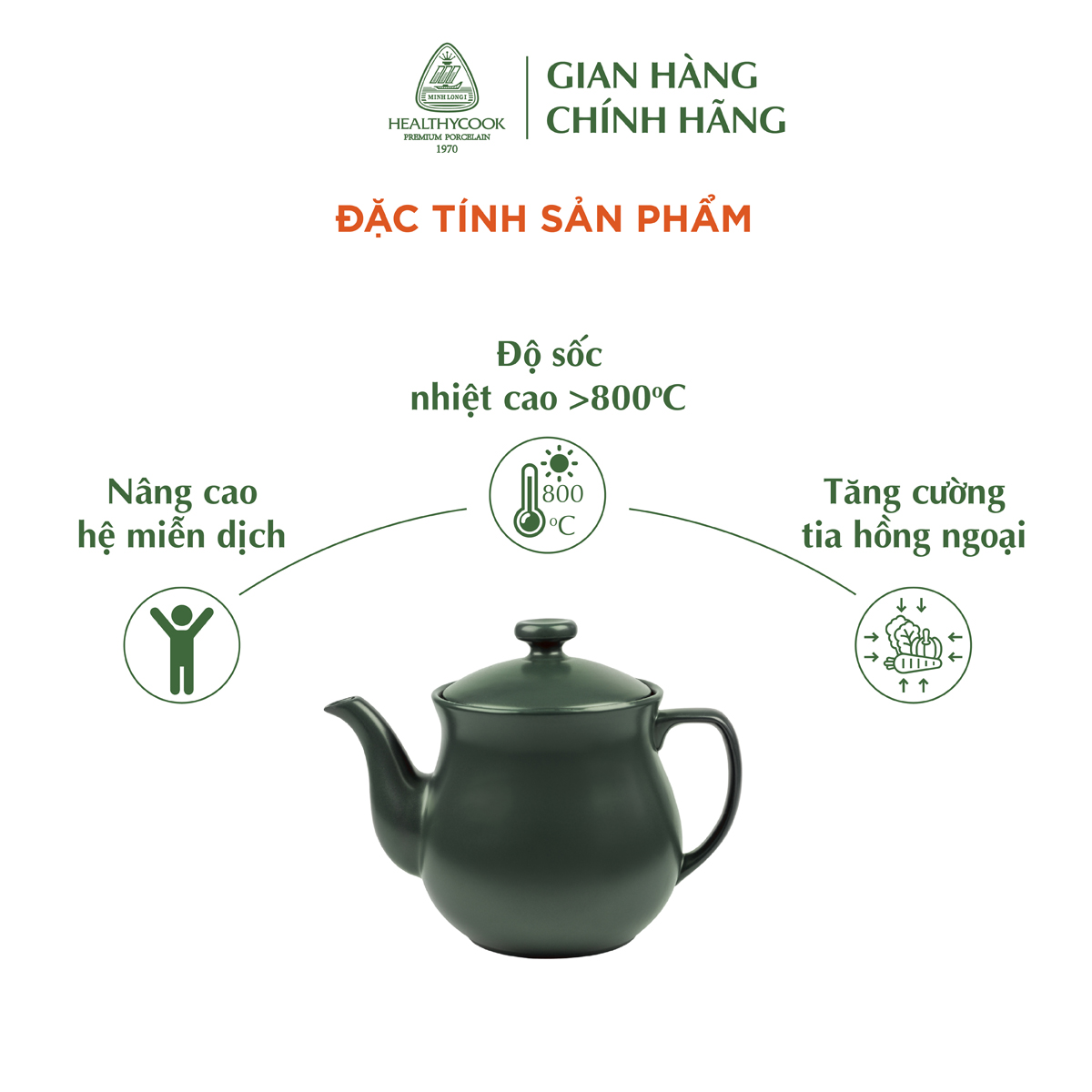 Ấm nước (Siêu thuốc) dưỡng sinh 3.3 L + nắp  Healthy Cook Xanh Rêu Sứ cao cấp Minh Long