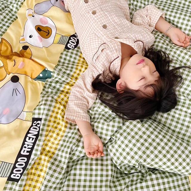 Set Cotton living Hàng Nhập Khẩu Cao Cấp 4 Món Muôn Thú Kẻ Vàng Xanh