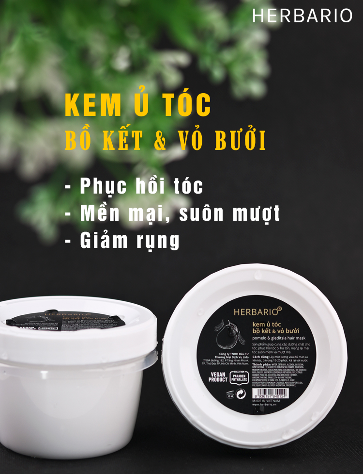 Kem ủ tóc bồ kết &amp; vỏ bưởi herbario 200ml cấp ẩm, giúp tóc chắc khỏe