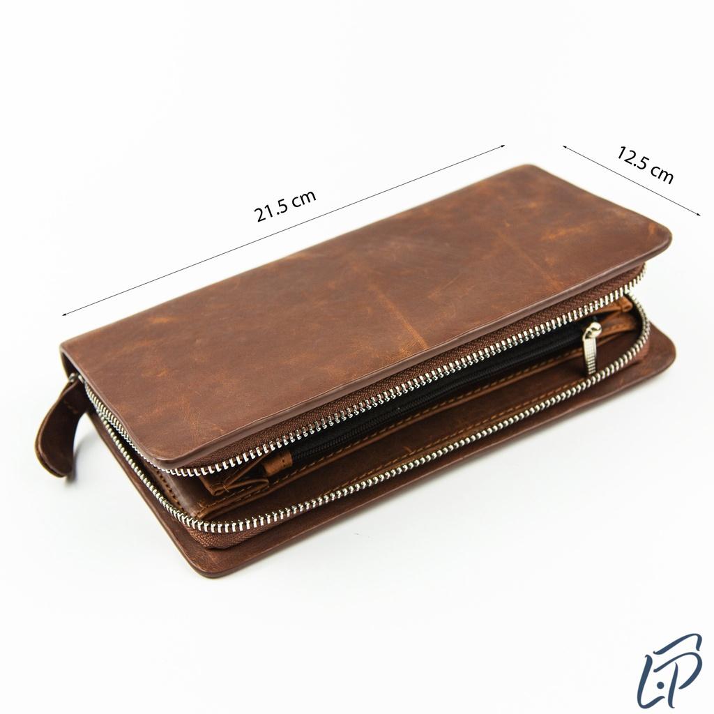 Ví dài cầm tay da sáp, clutch nam da bò sáp một khóa kéo LPC88