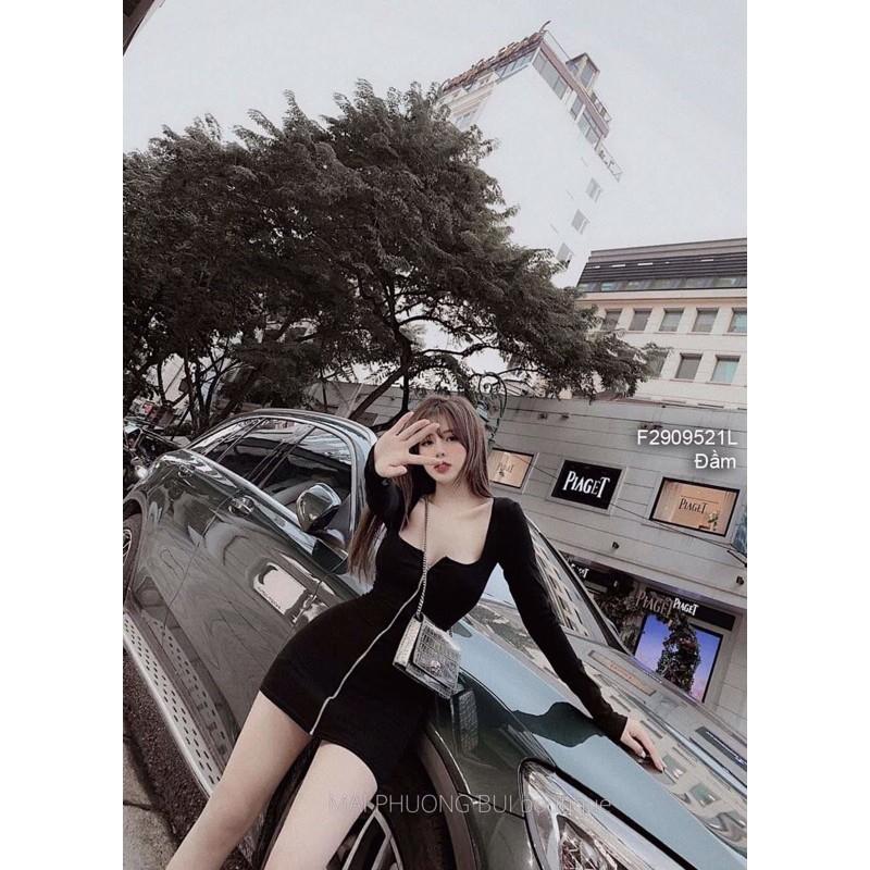 Đầm Body Cổ Vuông TD Xỏ Ngón Kéo Khoá Ngực Sexy