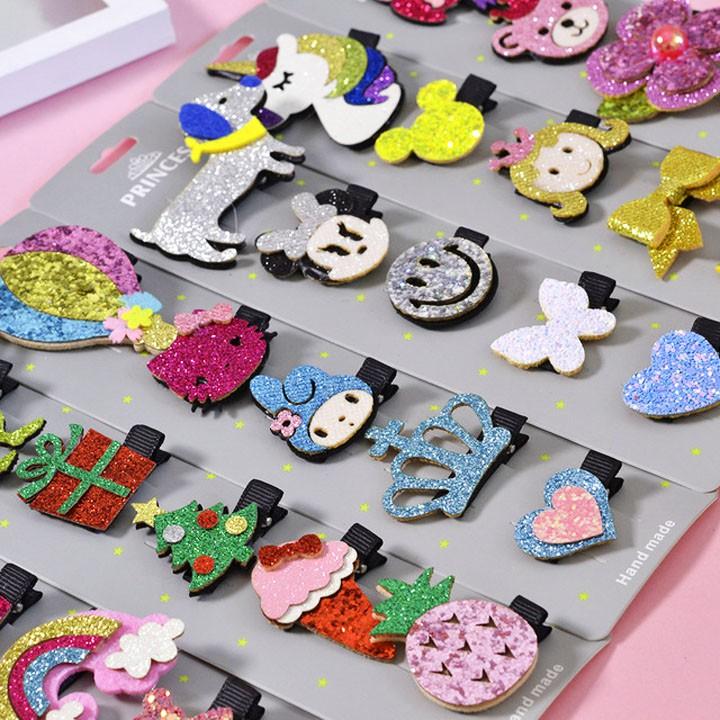 Set 5 kẹp tóc handmade cho bé gái nhiều họa tiết lấp lánh – P080