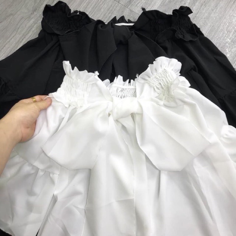 Áo trễ vai tay dài, áo bánh bèo trễ vai nơ sau lưng 2 màu điệu đà